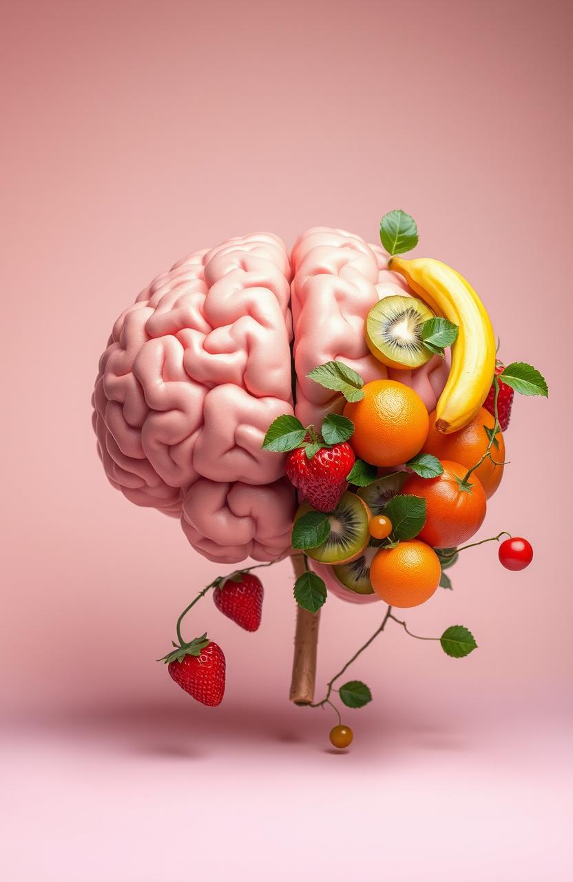 A whimsical, imaginative scene depicting a brain where one half is transformed into various fruits