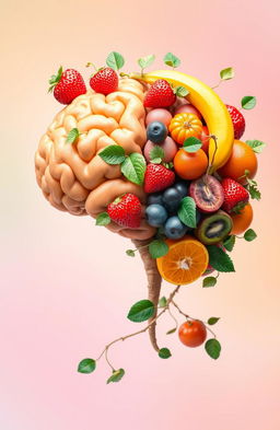 A whimsical, imaginative scene depicting a brain where one half is transformed into various fruits