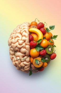 A whimsical, imaginative scene depicting a brain where one half is transformed into various fruits