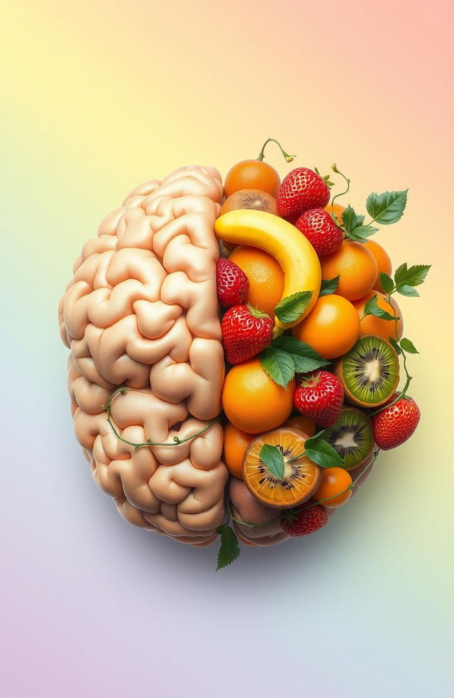 A whimsical, imaginative scene depicting a brain where one half is transformed into various fruits