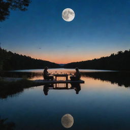 A husband and wife eating dinner by a serene body of water, where the wife's reflection transforms into the luminous image of the moon on the water's surface