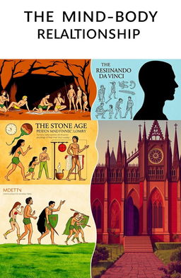 A visual representation of the evolution of the mind-body relationship across different historical eras: the Stone Age, Renaissance, Medieval Era, and Modern times