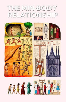 A visual representation of the evolution of the mind-body relationship across different historical eras: the Stone Age, Renaissance, Medieval Era, and Modern times