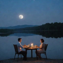 A husband and wife savoring dinner near a calm body of water, where the image of the moon is represented as the wife's reflection on the water