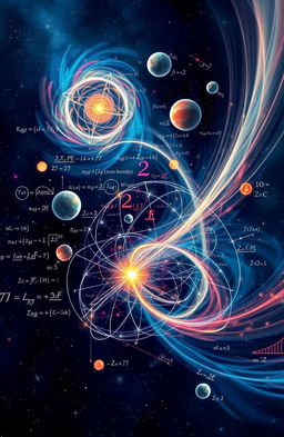 An abstract representation of physics concepts, featuring a dynamic blend of mathematical equations, colorful graphs, and imagery of celestial bodies like planets and stars