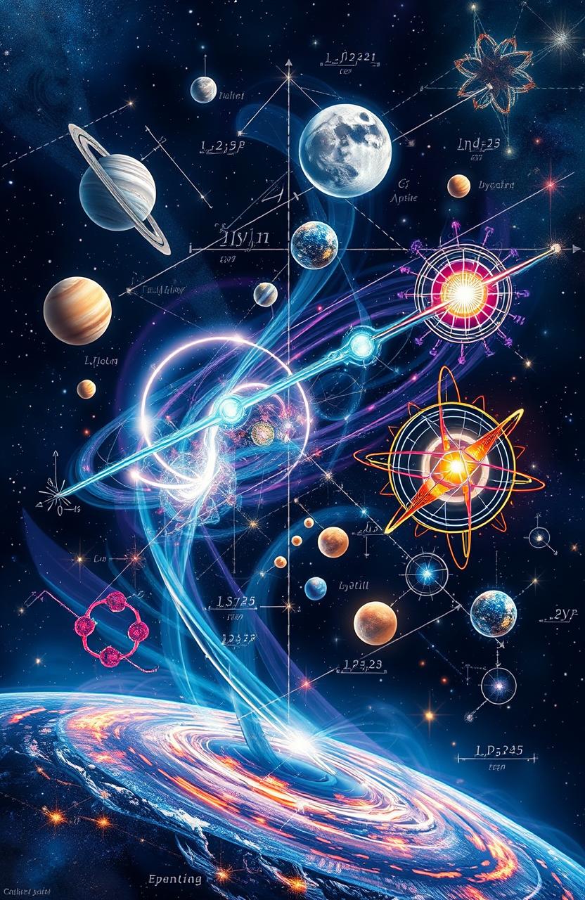 An abstract representation of physics concepts, featuring a dynamic blend of mathematical equations, colorful graphs, and imagery of celestial bodies like planets and stars