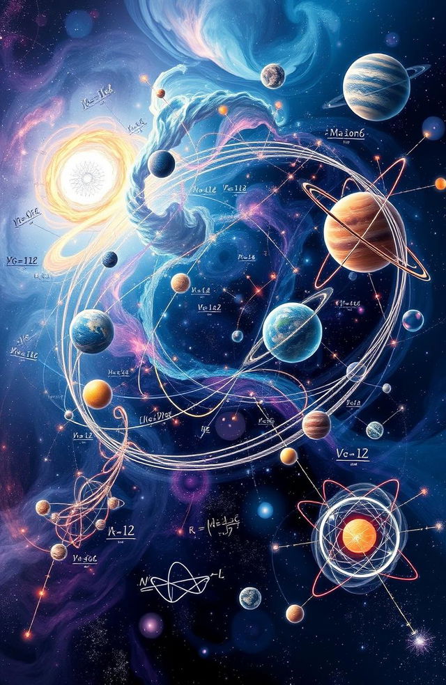 An abstract representation of physics concepts, featuring a dynamic blend of mathematical equations, colorful graphs, and imagery of celestial bodies like planets and stars