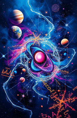 An abstract representation of physics concepts, featuring a dynamic blend of mathematical equations, colorful graphs, and imagery of celestial bodies like planets and stars