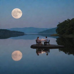 A husband and wife savoring dinner near a calm body of water, where the image of the moon is represented as the wife's reflection on the water