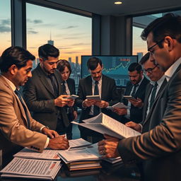 A dramatic scene depicting a group of detectives in a modern office setting, analyzing investment portfolios with a large screen showing stock charts and financial data