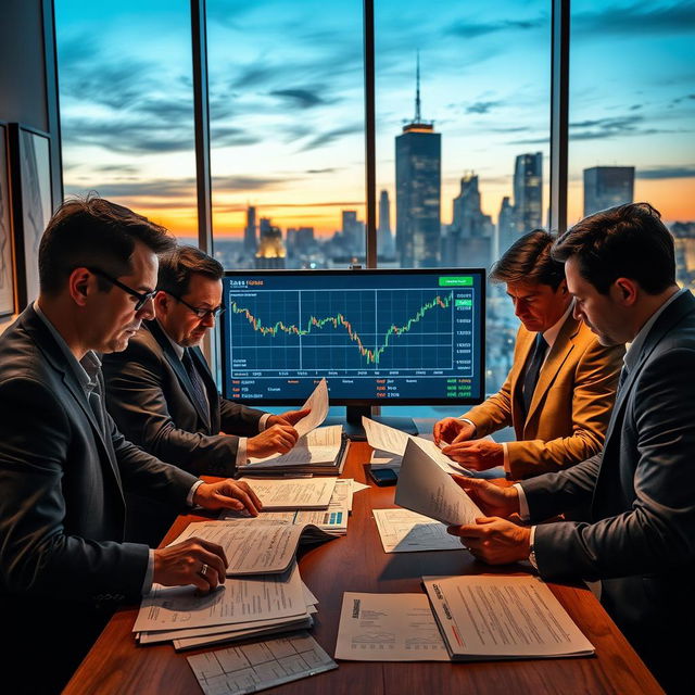 A dramatic scene depicting a group of detectives in a modern office setting, analyzing investment portfolios with a large screen showing stock charts and financial data