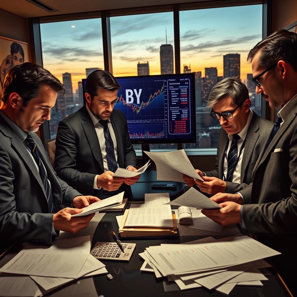 A dramatic scene depicting a group of detectives in a modern office setting, analyzing investment portfolios with a large screen showing stock charts and financial data