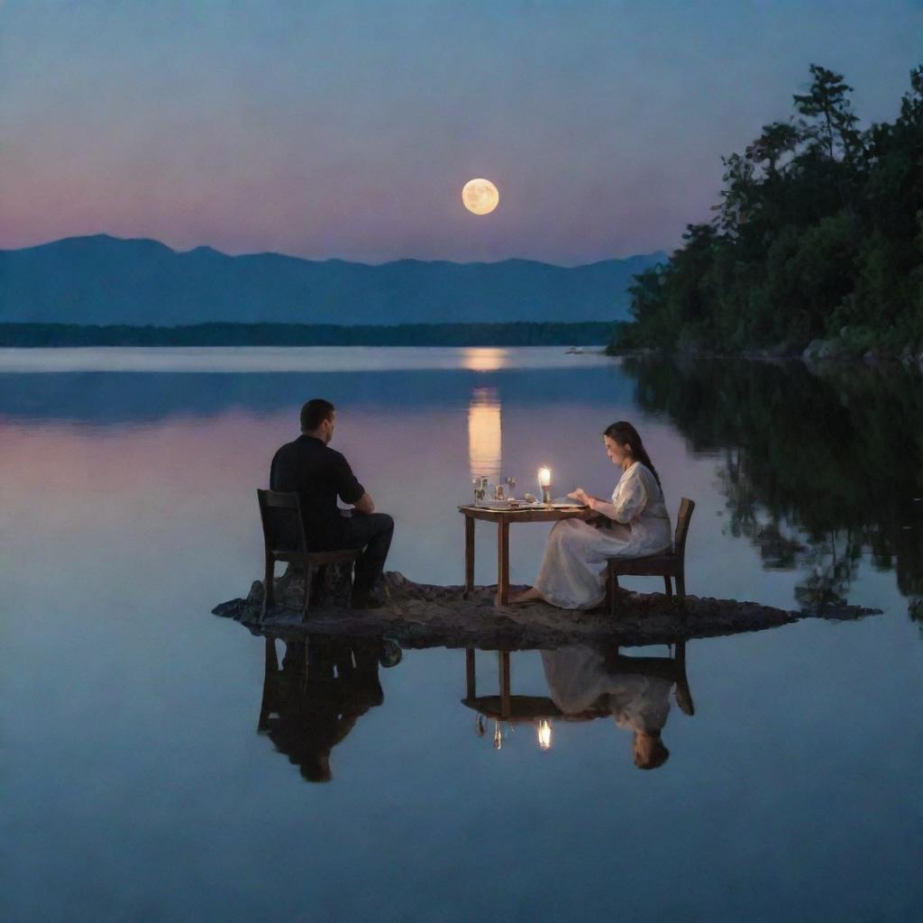 A husband and wife savoring dinner near a calm body of water, where the image of the moon is represented as the wife's reflection on the water