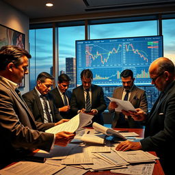 A dramatic scene depicting a group of detectives in a modern office setting, analyzing investment portfolios with a large screen showing stock charts and financial data