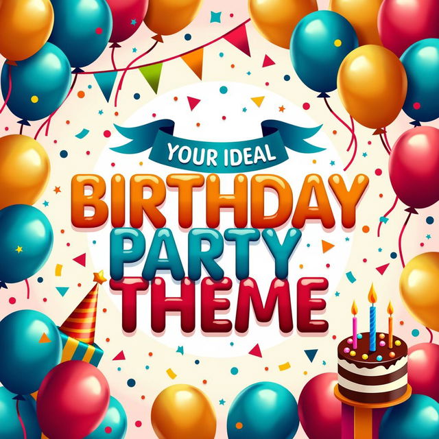 A vibrant and festive poster featuring the text "Your Ideal Birthday Party Theme" in playful, colorful fonts