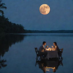 A husband and wife sharing a meal near a body of water, where the glowing moon appears strikingly submerged beneath the water's surface