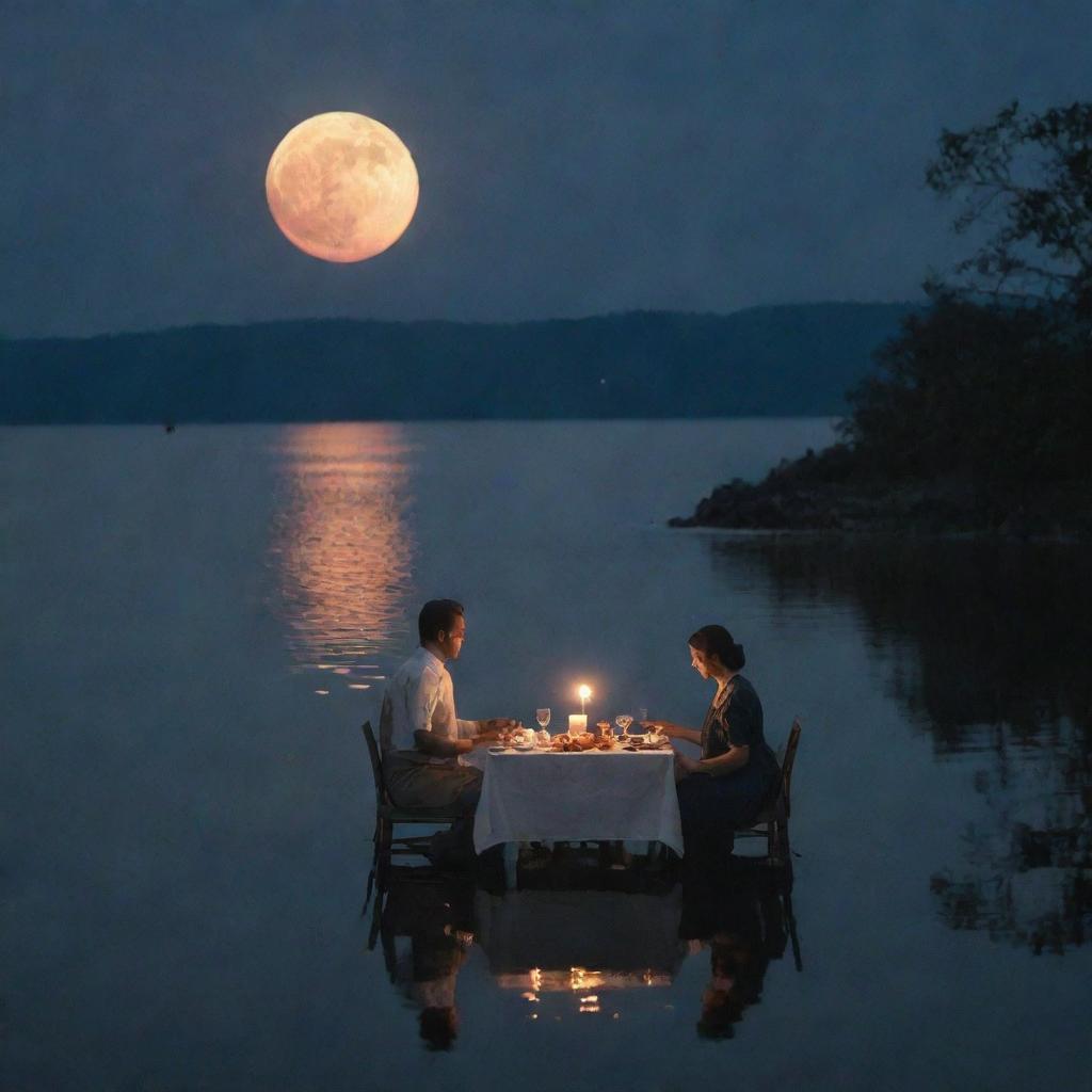 A husband and wife sharing a meal near a body of water, where the glowing moon appears strikingly submerged beneath the water's surface