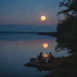 A husband and wife sharing a meal near a body of water, where the glowing moon appears strikingly submerged beneath the water's surface