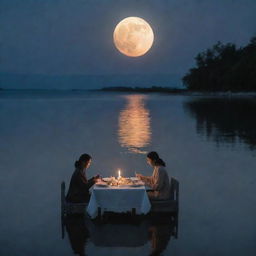 A husband and wife sharing a meal near a body of water, where the glowing moon appears strikingly submerged beneath the water's surface