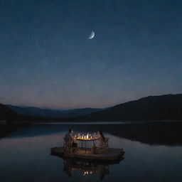 A husband and wife enjoying a meal with the night sky above void of the moon, however the moon's reflection is profoundly apparent in the body of water beside them