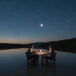 A husband and wife enjoying a meal with the night sky above void of the moon, however the moon's reflection is profoundly apparent in the body of water beside them