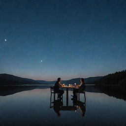 A husband and wife enjoying a meal with the night sky above void of the moon, however the moon's reflection is profoundly apparent in the body of water beside them