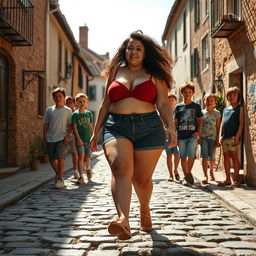 A confident chubby girl with a big ass walking through a quaint village, her body radiant and unashamed