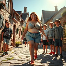 A confident chubby girl with a big ass walking through a quaint village, her body radiant and unashamed