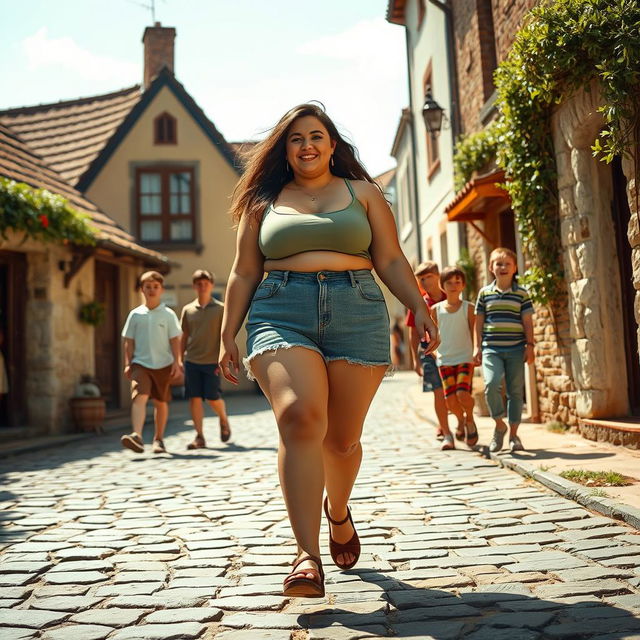 A confident chubby girl with a big ass walking through a quaint village, her body radiant and unashamed