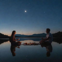 A husband and wife enjoying a meal with the night sky above void of the moon, however the moon's reflection is profoundly apparent in the body of water beside them