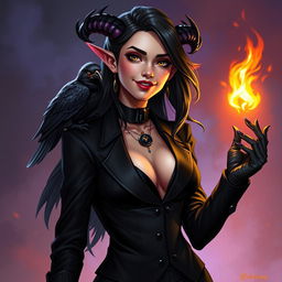 A beautiful female tiefling warlock character from Dungeons & Dragons, exuding charm and confidence with a captivating smile