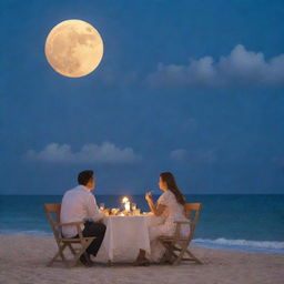 A husband and wife enjoying a sea-side dinner with the glowing moon gently veiled by soft, fluffy clouds