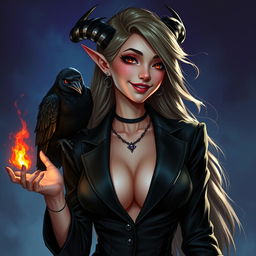 A beautiful female tiefling warlock character from Dungeons & Dragons, exuding charm and confidence with a captivating smile