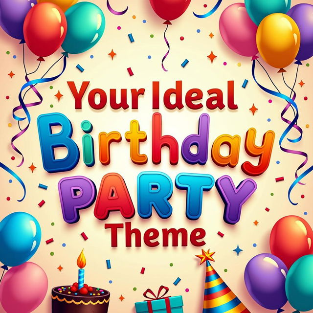 A vibrant and festive poster featuring the text "Your Ideal Birthday Party Theme" in playful, colorful fonts