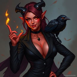A beautiful female tiefling warlock character from Dungeons & Dragons, featuring striking red skin and enchanting orange eyes