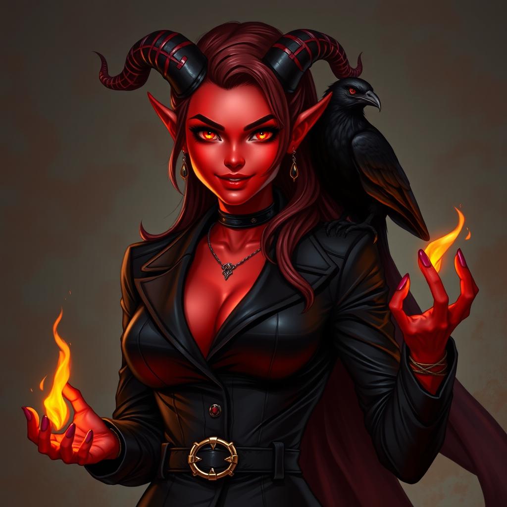 A beautiful female tiefling warlock character from Dungeons & Dragons, featuring striking red skin and enchanting orange eyes