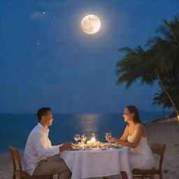 A husband and wife enjoying a sea-side dinner with the glowing moon gently veiled by soft, fluffy clouds