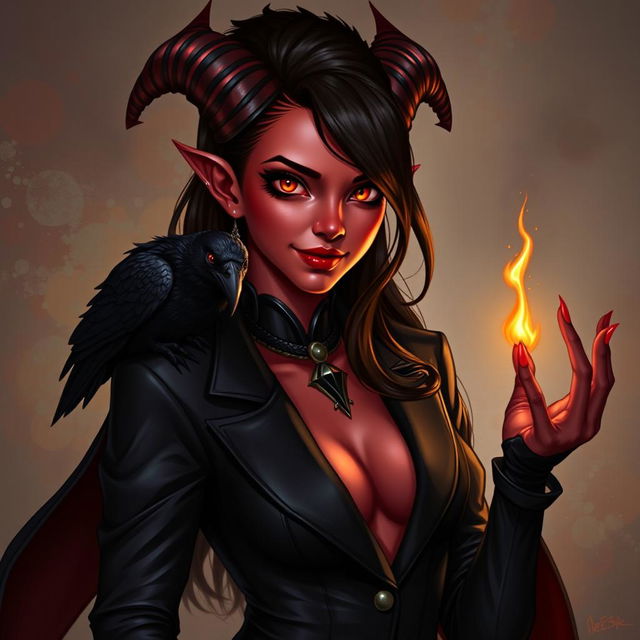 A beautiful female tiefling warlock character from Dungeons & Dragons, featuring striking red skin and enchanting orange eyes