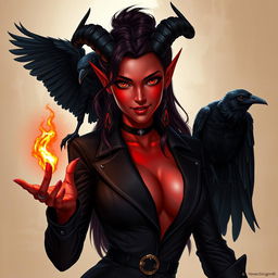 A beautiful female tiefling warlock character from Dungeons & Dragons, featuring striking red skin and enchanting orange eyes