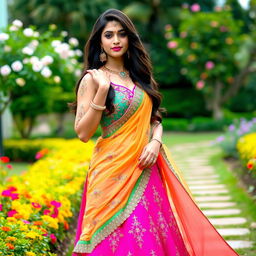 An elegant Indian woman modeling a trendy lookbook, wearing a stylish lehenga in bright, bold colors, adorned with intricate embroidery and mirror work