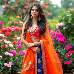 An elegant Indian woman modeling a trendy lookbook, wearing a stylish lehenga in bright, bold colors, adorned with intricate embroidery and mirror work