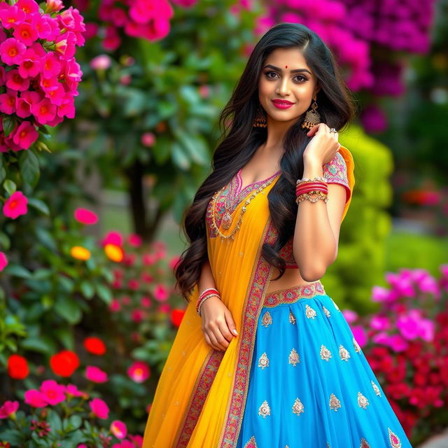 An elegant Indian woman modeling a trendy lookbook, wearing a stylish lehenga in bright, bold colors, adorned with intricate embroidery and mirror work