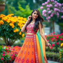 An elegant Indian woman modeling a trendy lookbook, wearing a stylish lehenga in bright, bold colors, adorned with intricate embroidery and mirror work