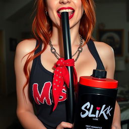 A close-up shot of a sexy female redhead, wearing a 'Misfits' tank top that highlights her large chest and cleavage