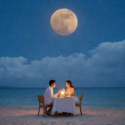 A husband and wife enjoying a sea-side dinner with the glowing moon gently veiled by soft, fluffy clouds