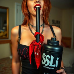 A close-up shot of a sexy female redhead, wearing a 'Misfits' tank top that highlights her large chest and cleavage