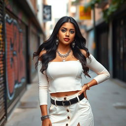 A confident Indian woman modeling a chic lookbook, featuring a fashionable outfit that includes a stylish crop top paired with a high-waisted skirt