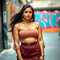 A confident Indian woman modeling a chic lookbook, featuring a fashionable outfit that includes a stylish crop top paired with a high-waisted skirt