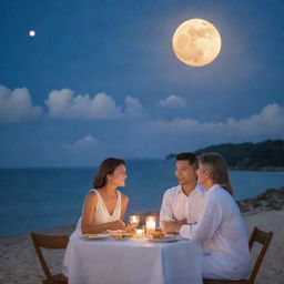 A husband and wife enjoying a sea-side dinner with the glowing moon gently veiled by soft, fluffy clouds