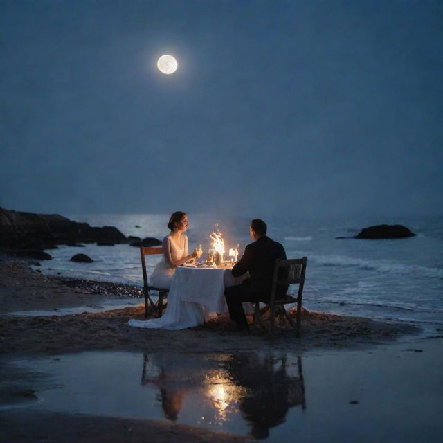 A married couple having a seaside dinner, bathed in moonlight, with the ethereal glow of the moon manifesting in their flickering bonfire